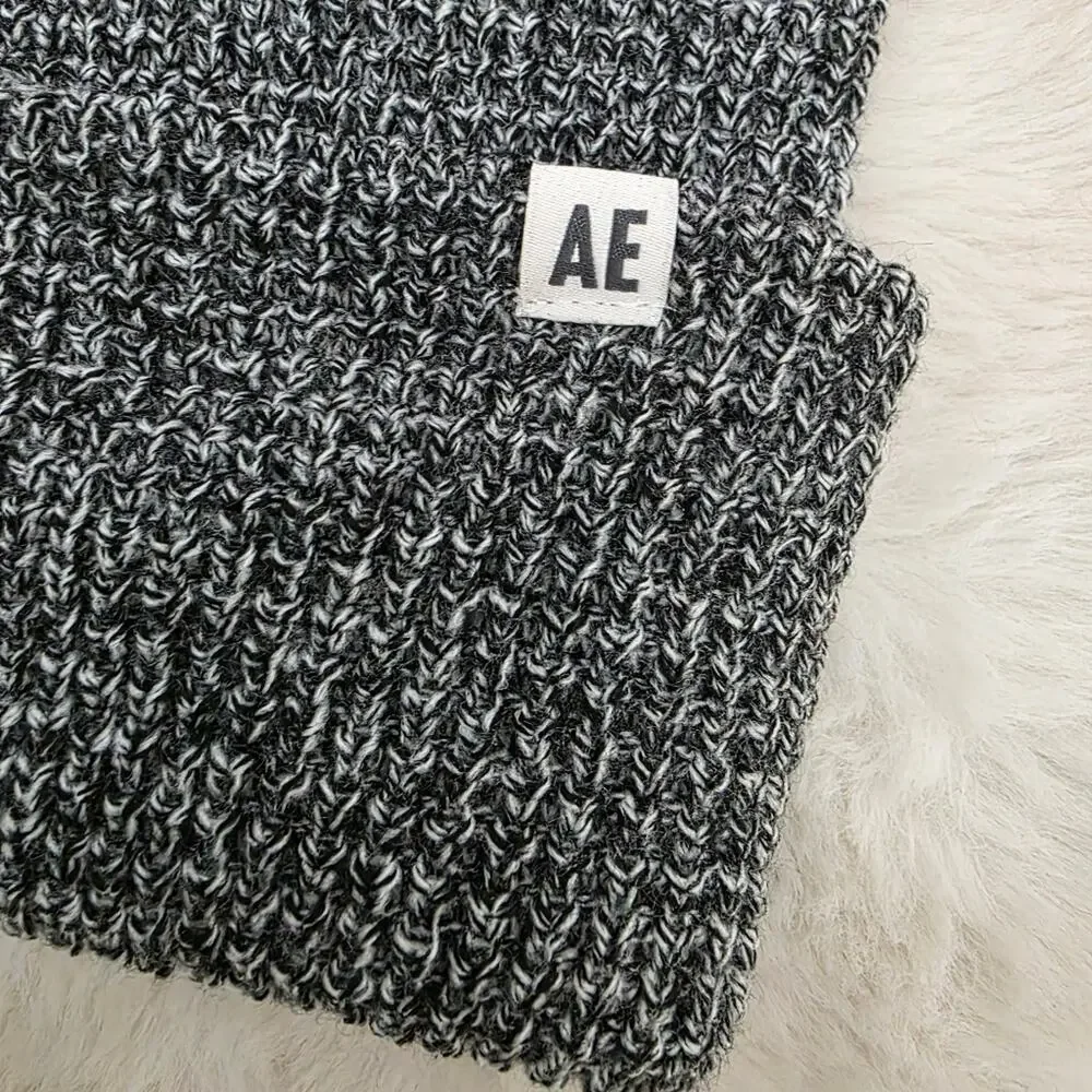 American Eagle Black Marbled Waffle Knit Beanie NWT Unisex Slouchy Winter Hat OS